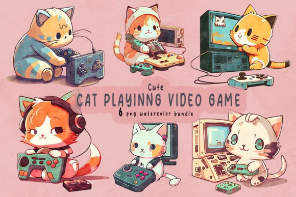 Cute Chibi Cat Playing Video Game Graphics for Local Branding