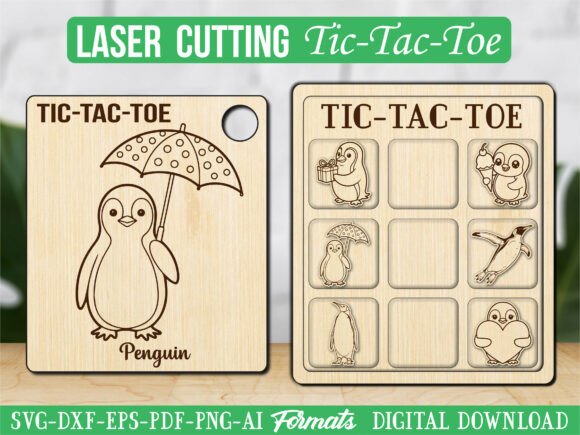 Penguin Umbrella Tic Tac Toe – Playful Graphics for Laser Engraving Branding