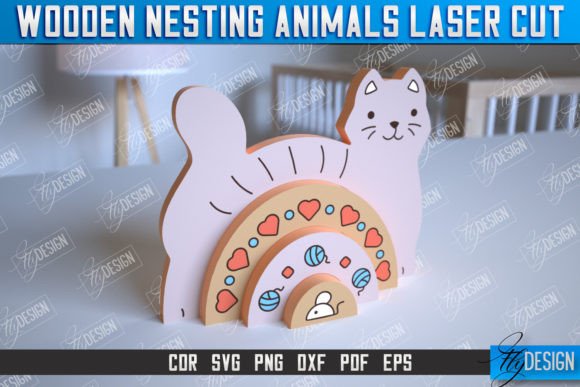 Wooden Nesting Cat Rainbow CNC File for Laser Cutting Small Business Branding